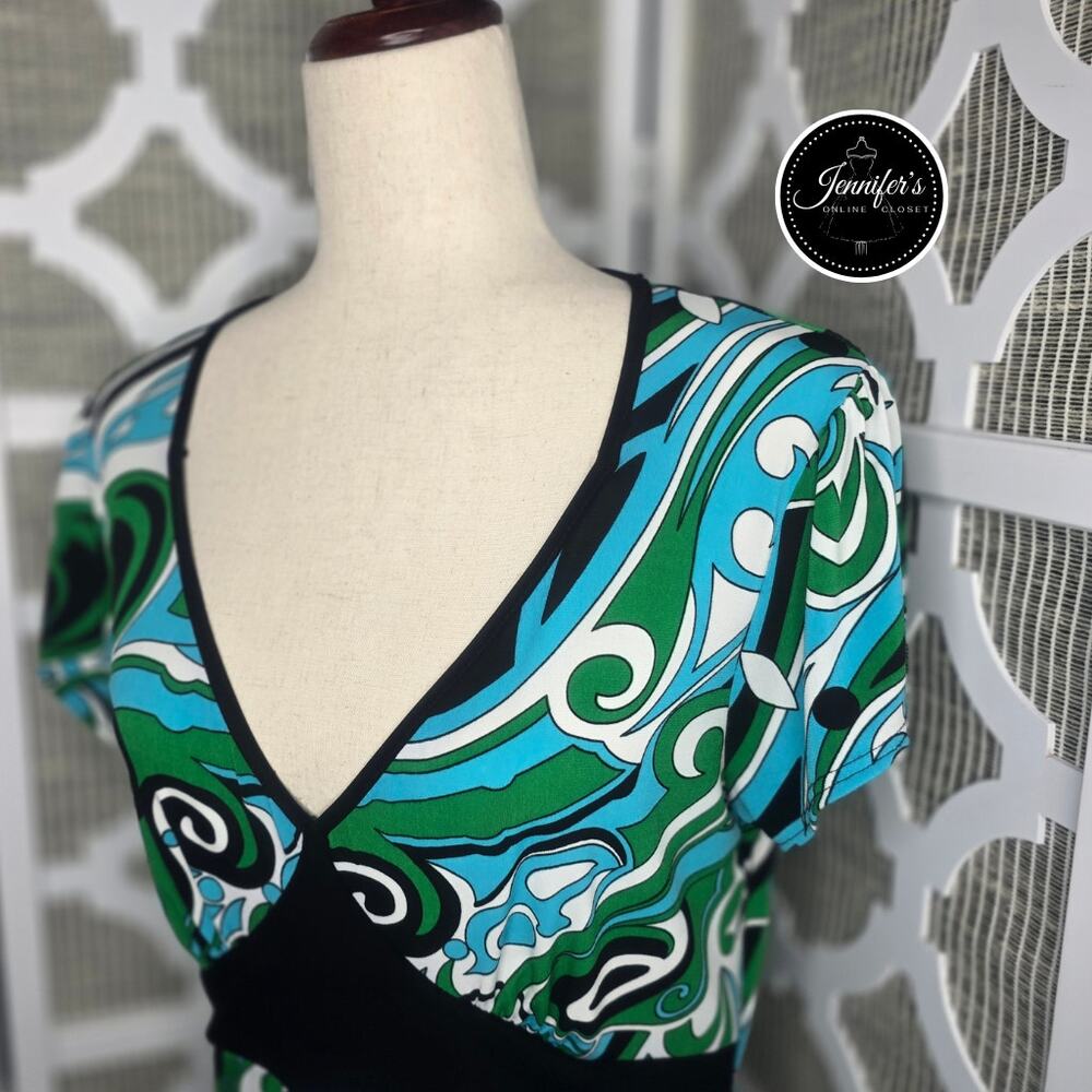 3/$30 Susan Lawrence Multicolored Swirl Print V Neck Empire Waist Top Size PL - Picture 3 of 10
